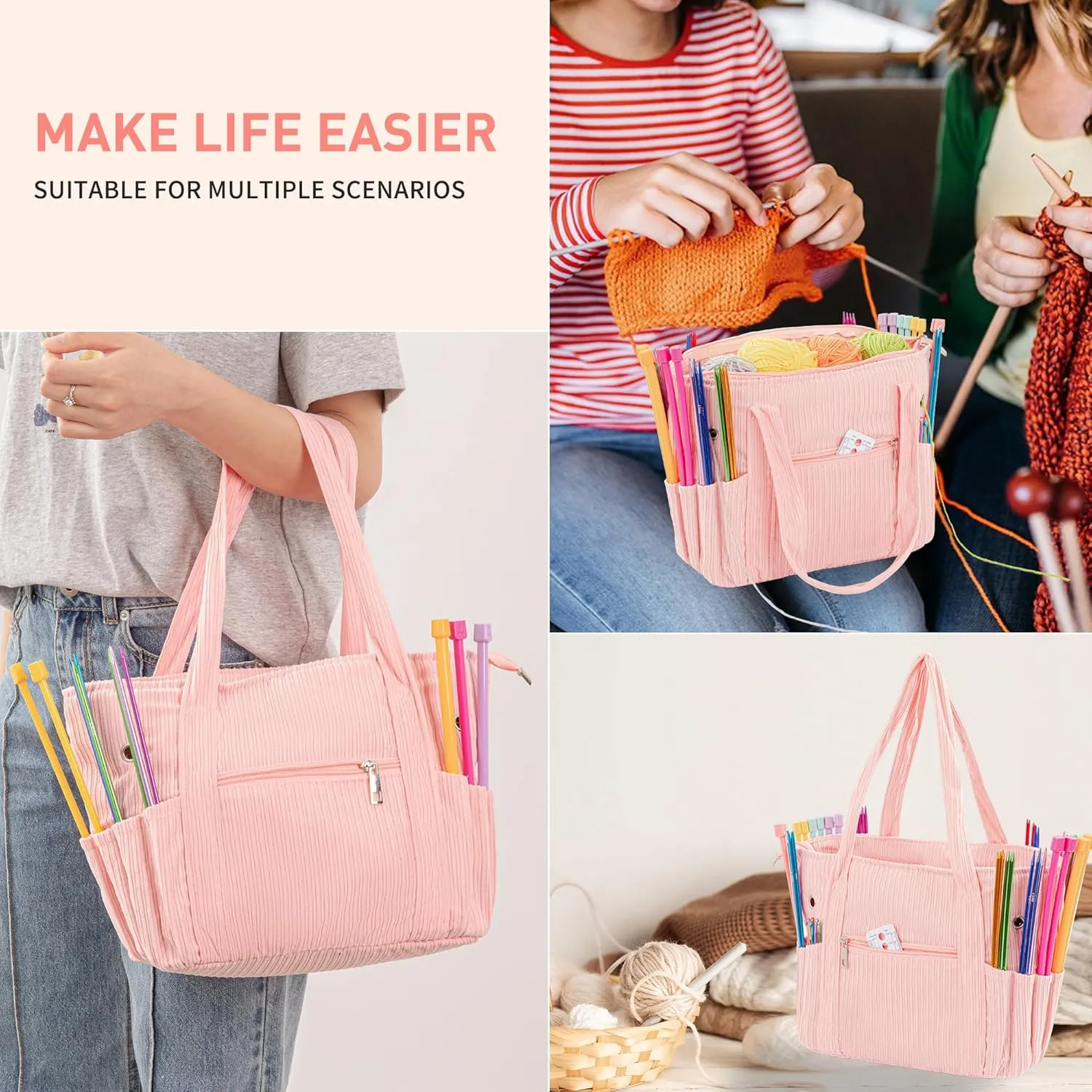 Crochet Bag, Tote Storage for Knitting, Corduroy Yarn Storage Bag for Hooks, Supplies and Accessories, Projects (Pink)