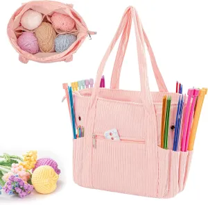 Crochet Bag, Tote Storage for Knitting, Corduroy Yarn Storage Bag for Hooks, Supplies and Accessories, Projects (Pink)
