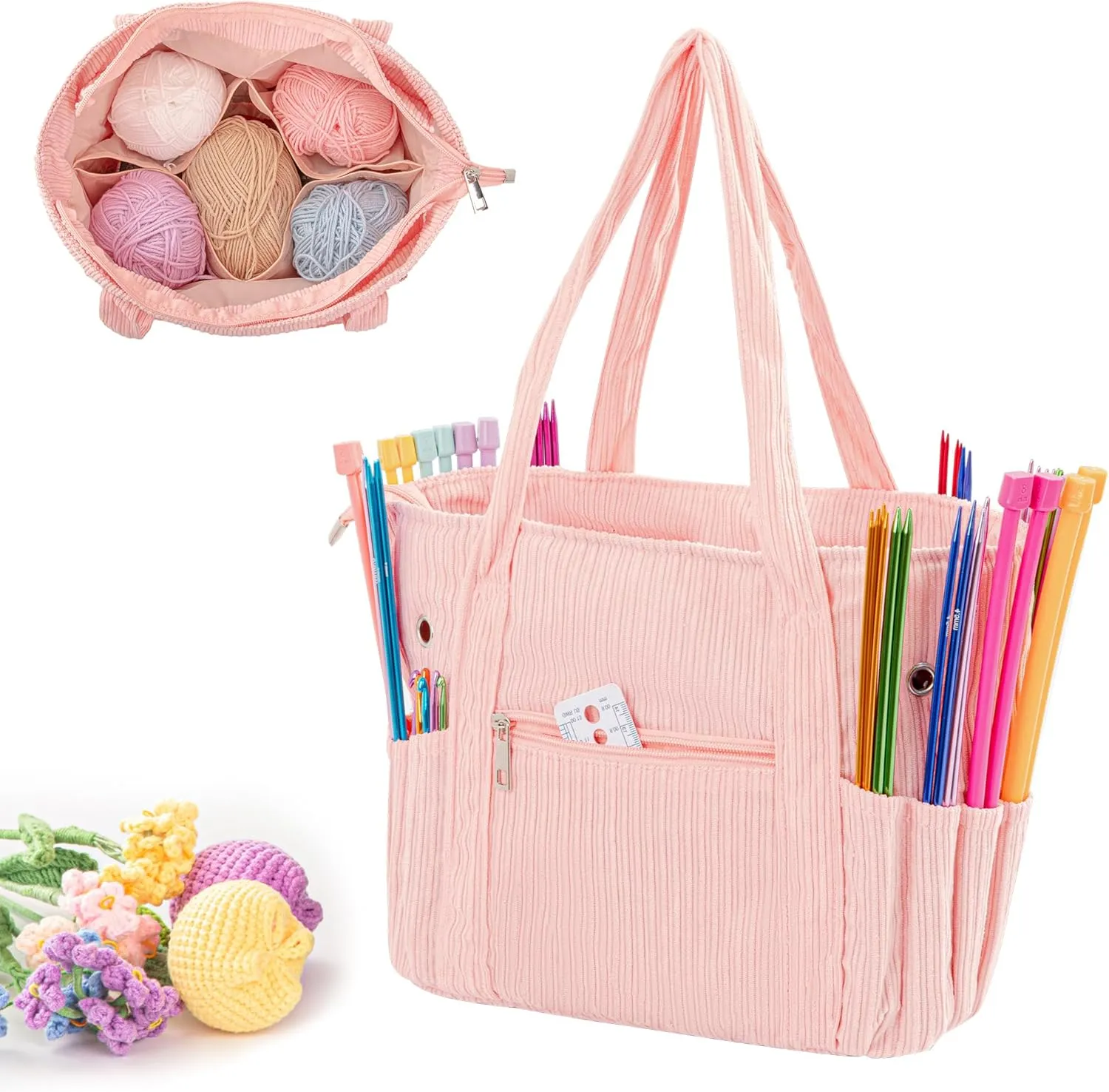 Crochet Bag, Tote Storage for Knitting, Corduroy Yarn Storage Bag for Hooks, Supplies and Accessories, Projects (Pink)