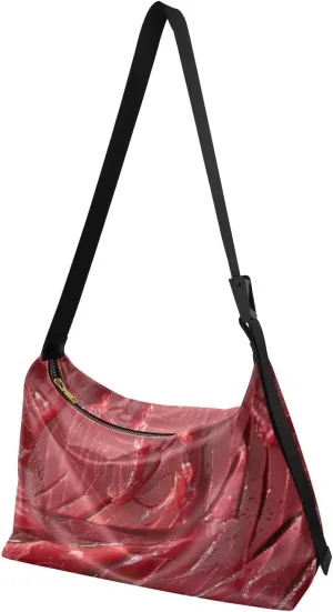 Crossbody Bag Large Capacity Leather Shoulder Bag Zipper Closure with Fabric Strap-Red Meat Print