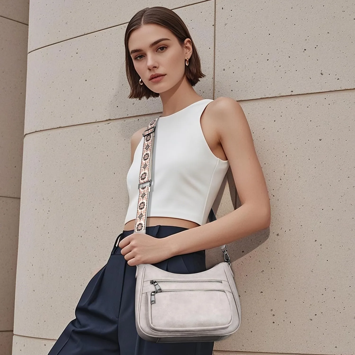 Crossbody Bags for Women Leather Purse Trendy Multi Pocket Shoulder Handbags with Adjustable Guitar Strap