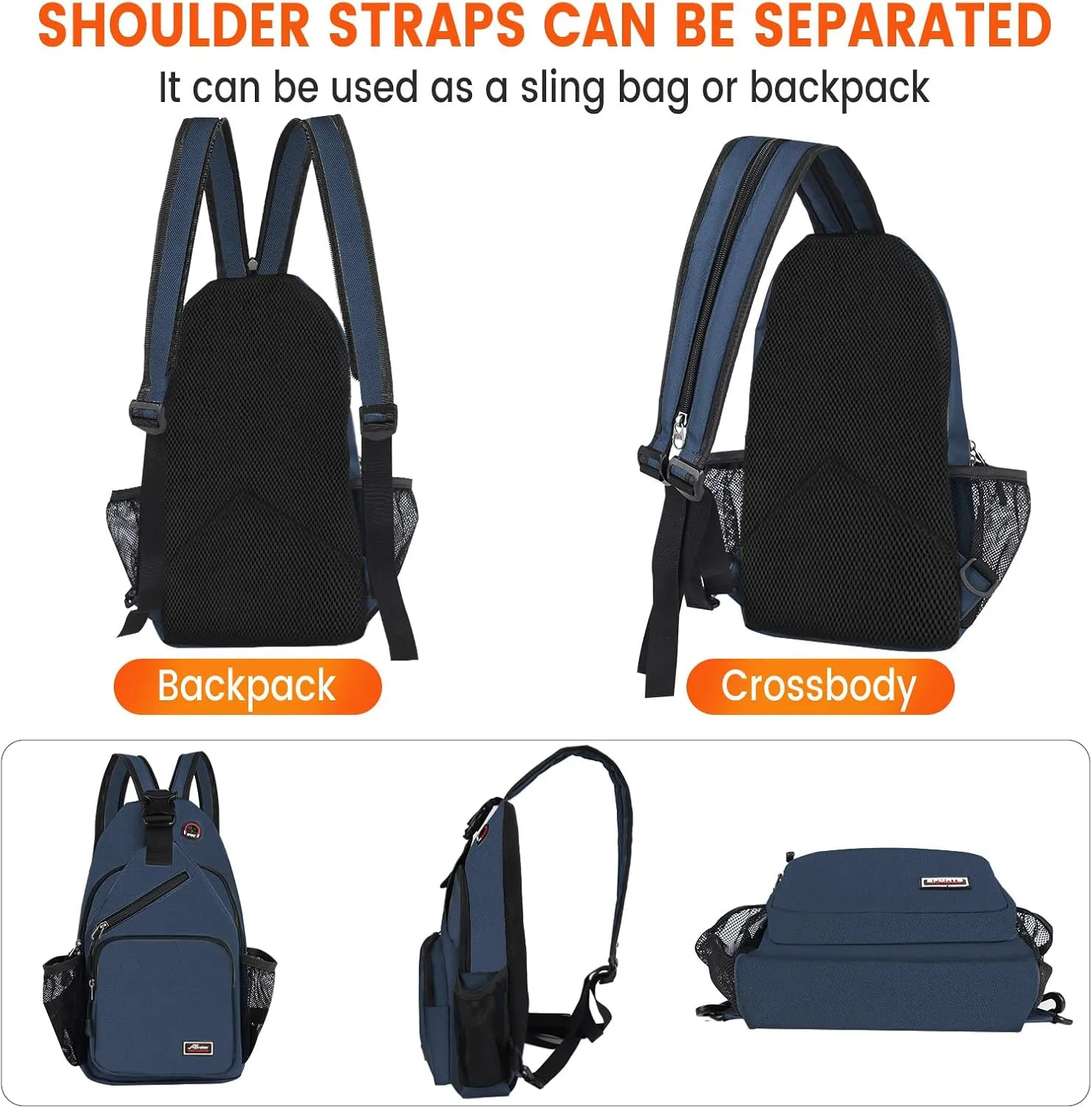 Crossbody Sling Backpack Men and Women Sling Bag Shoulder Backpack Travel Hiking Chest Bag Daypack (Navy Blue)