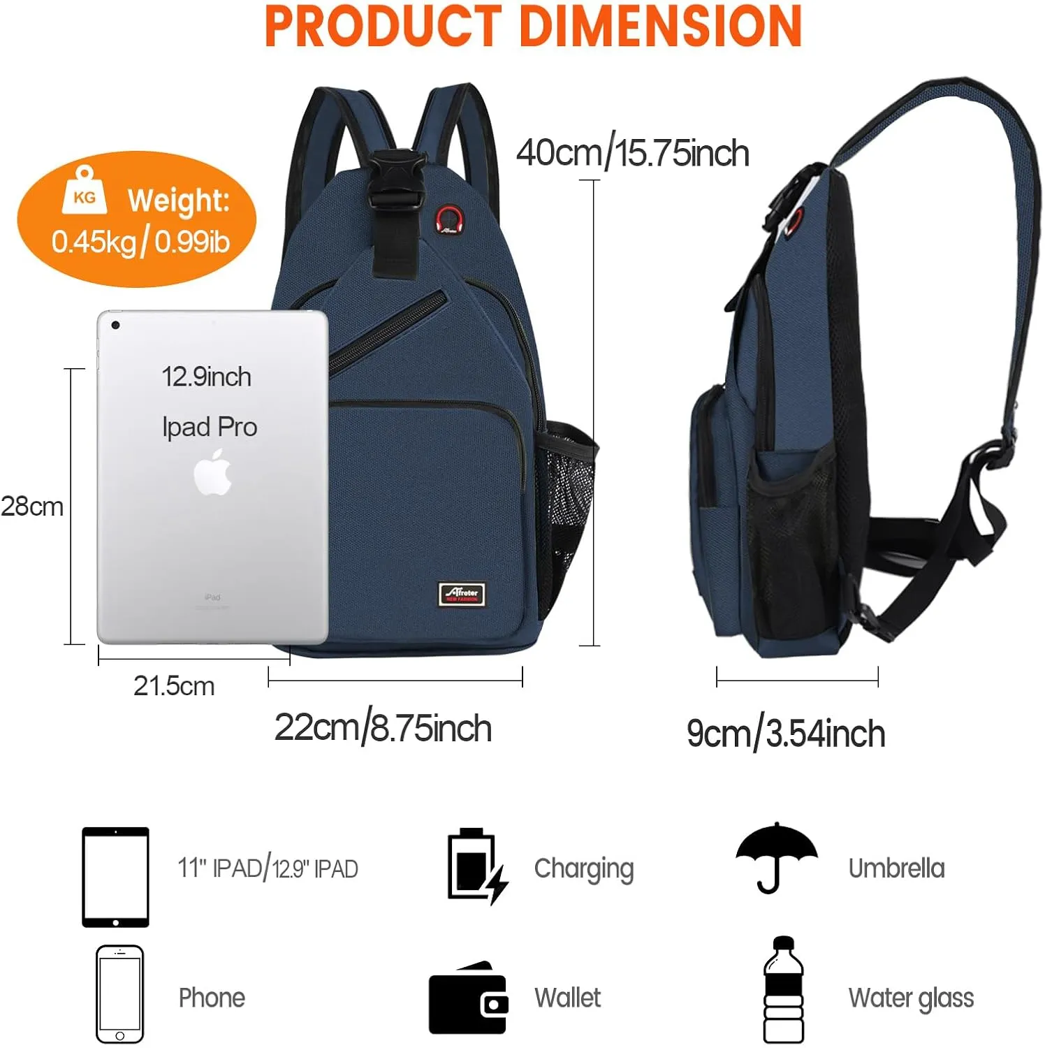 Crossbody Sling Backpack Men and Women Sling Bag Shoulder Backpack Travel Hiking Chest Bag Daypack (Navy Blue)