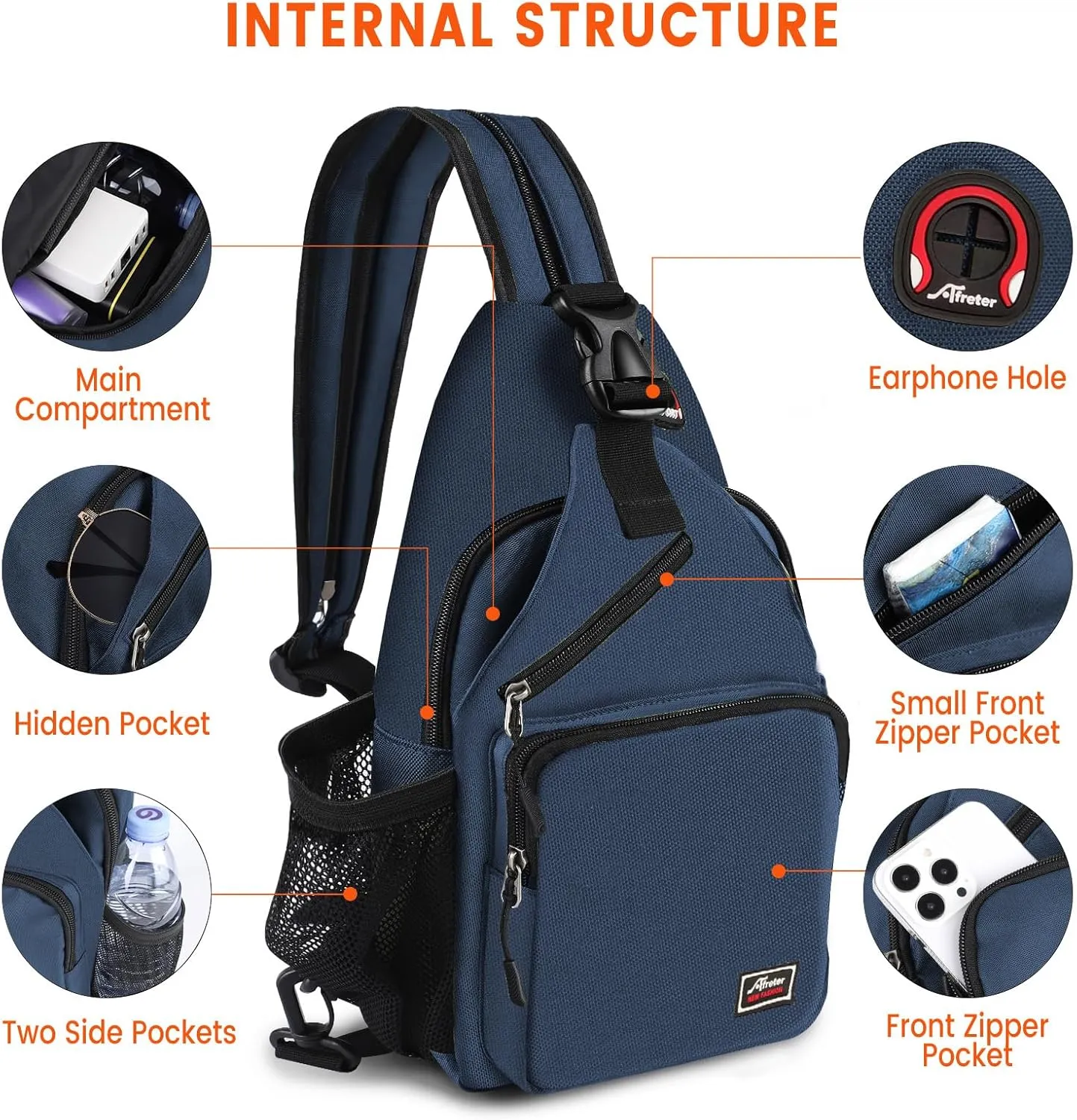 Crossbody Sling Backpack Men and Women Sling Bag Shoulder Backpack Travel Hiking Chest Bag Daypack (Navy Blue)