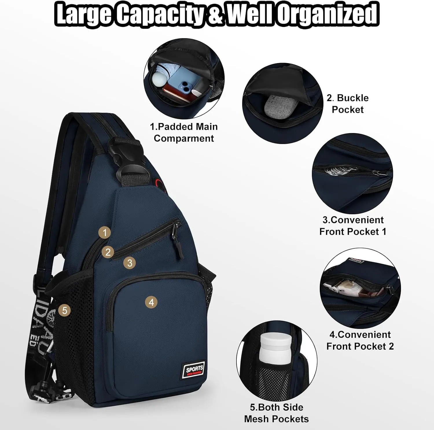 Crossbody Sling Bag for Men & Women Backpack with Earphone Hole Multipurpose Shoulder Bag Daypack for Travel Hiking