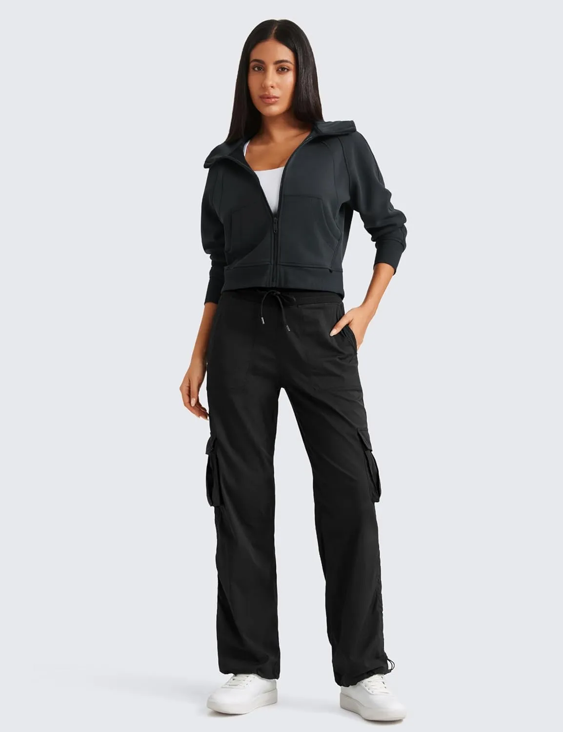 CRZ YOGA Lightweight Casual Cargo Pants for Women 30" Adjustable Ruched Straight Leg Travel Workout Athletic Hiking Joggers