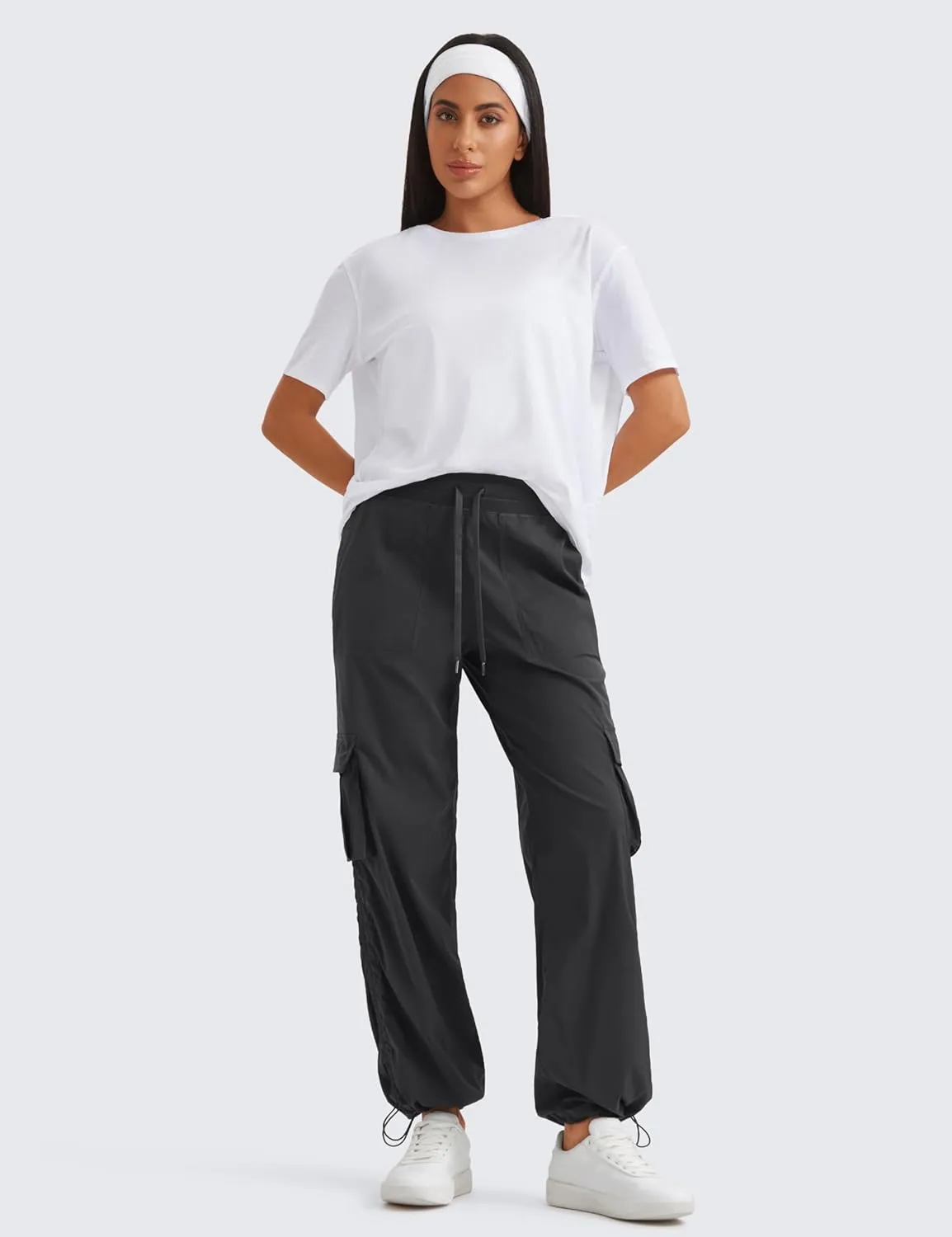 CRZ YOGA Lightweight Casual Cargo Pants for Women 30" Adjustable Ruched Straight Leg Travel Workout Athletic Hiking Joggers
