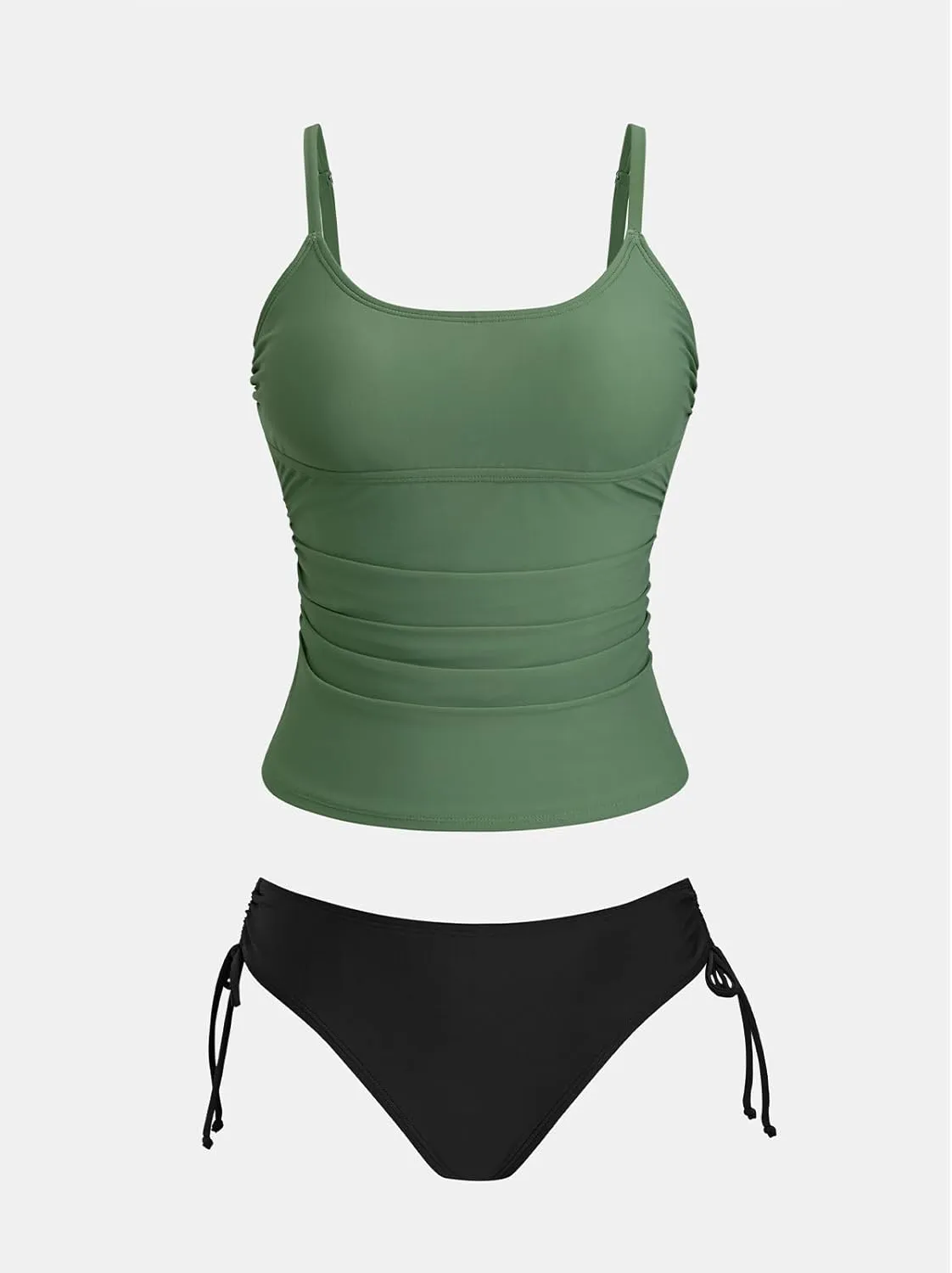 CUPSHE Women's Tankini Sets Two Piece Swimsuit Scoop Neck Ruched Adjustable Straps Drawstring Mid Rise