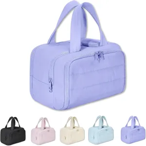 Cureaway Travel Cosmetic Bag, 4-in-1 Puffy Multi-Functional Toiletry Bag for Women, Extra Large Capacity Wide-Open Travel Cosmetic Bag, Portable Pouch Open Flat Toiletry Bag Make Up Organizer (Purple)