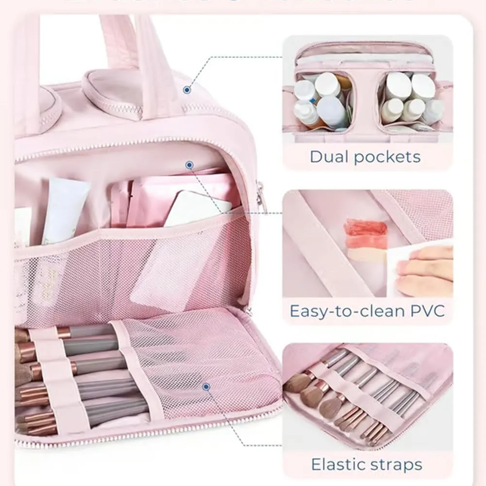 Cureaway Travel Cosmetic Bag, 4-in-1 Puffy Multi-Functional Toiletry Bag for Women, Extra Large Capacity Wide-Open Travel Cosmetic Bag, Portable Pouch Open Flat Toiletry Bag Make Up Organizer (Purple)