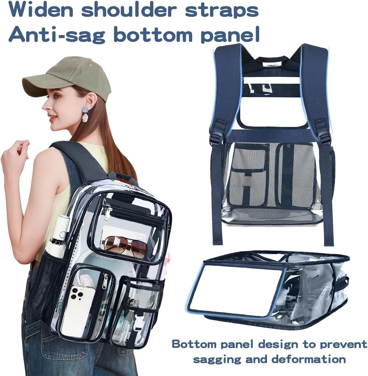 Cusangel Clear Blue Backpack for School, Heavy Duty Backpack for Men,transparent BookBag,16inch TPU Large Capacity See Through plastic bag for Sport Events,Travel,Work