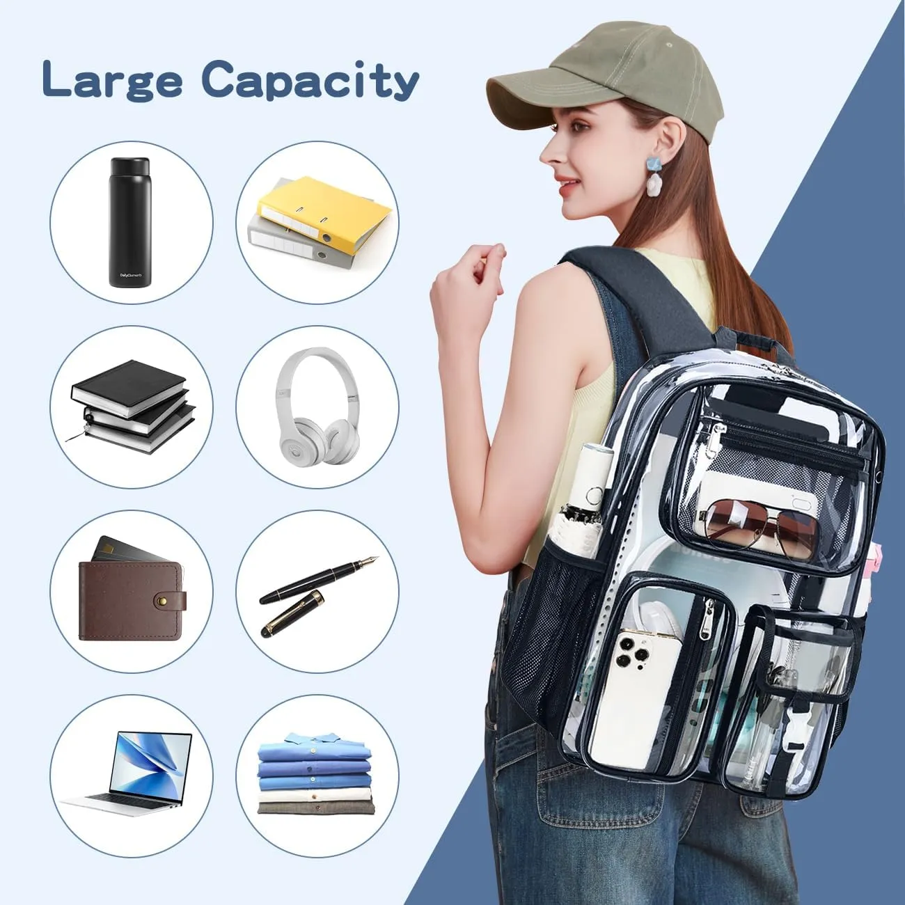 Cusangel Clear Blue Backpack for School, Heavy Duty Backpack for Men,transparent BookBag,16inch TPU Large Capacity See Through plastic bag for Sport Events,Travel,Work