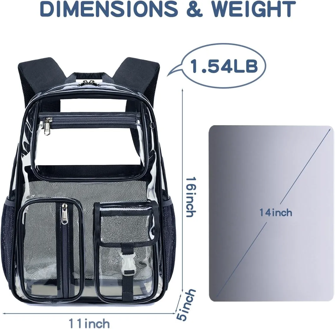 Cusangel Clear Blue Backpack for School, Heavy Duty Backpack for Men,transparent BookBag,16inch TPU Large Capacity See Through plastic bag for Sport Events,Travel,Work