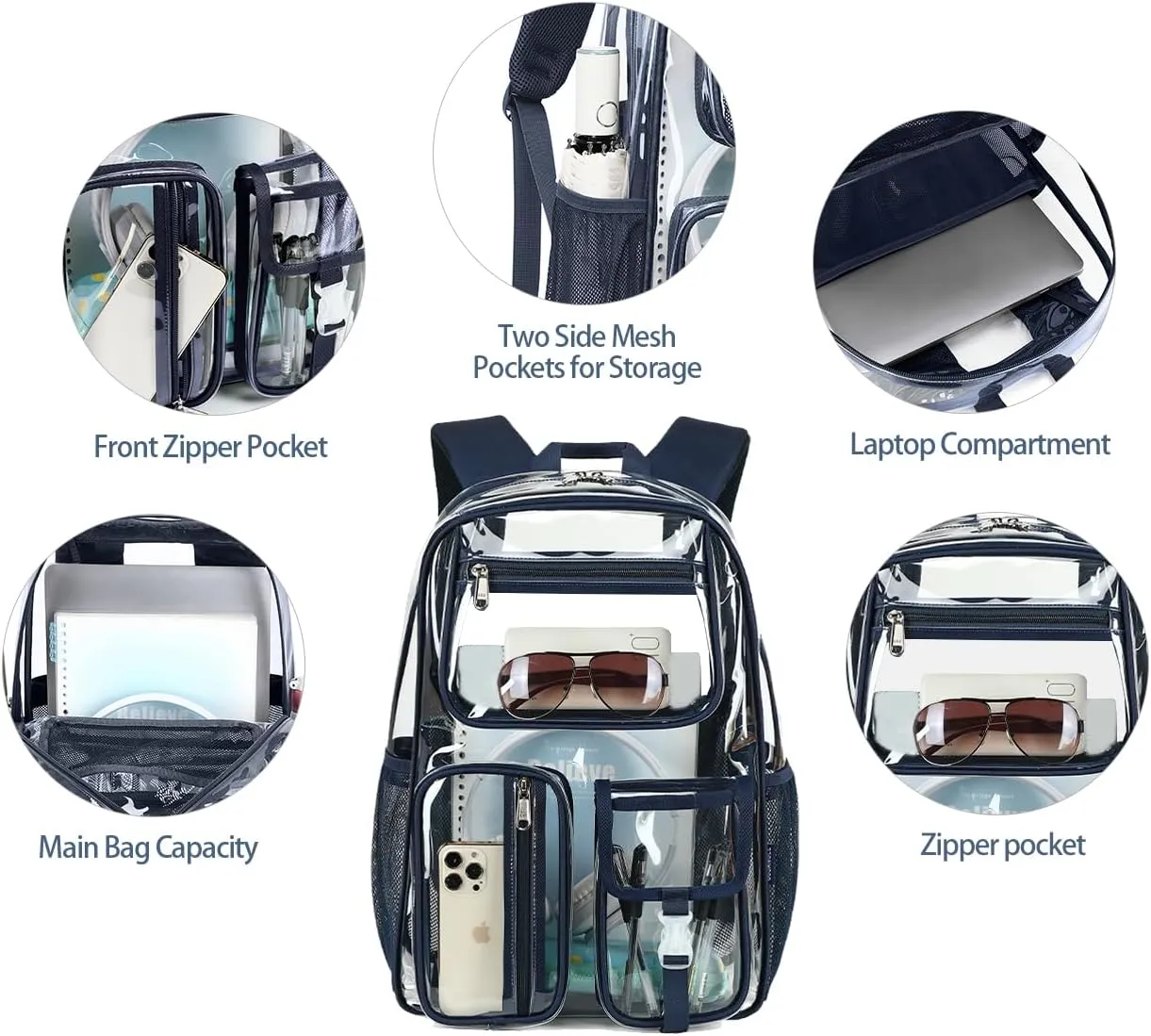 Cusangel Clear Blue Backpack for School, Heavy Duty Backpack for Men,transparent BookBag,16inch TPU Large Capacity See Through plastic bag for Sport Events,Travel,Work