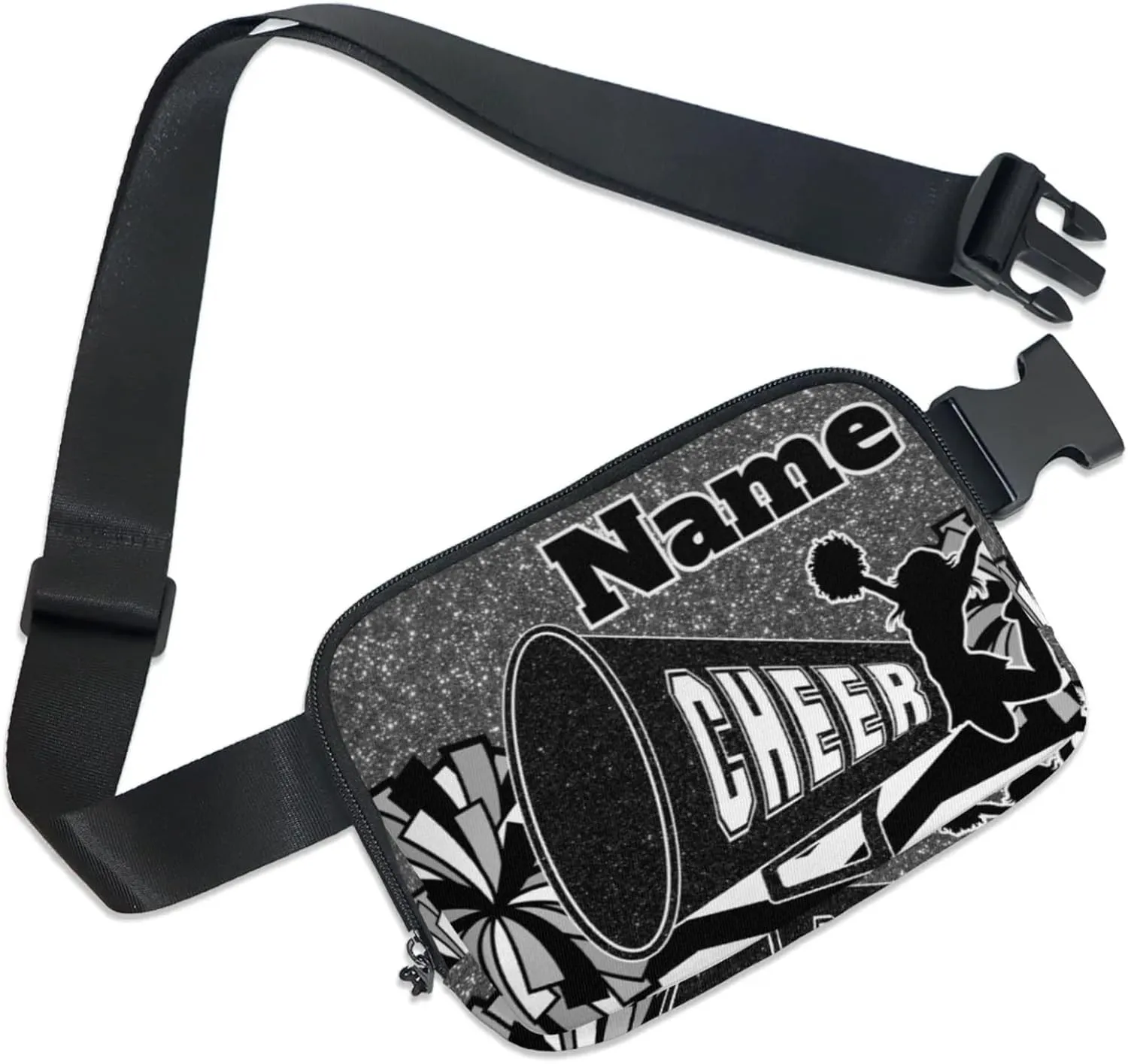 Custom Cheer Fanny Pack, Personalized Cheerleader Belt Bag for Women Men, Personalized Unisex Crossbody Travel Waist Bag Black Sliver