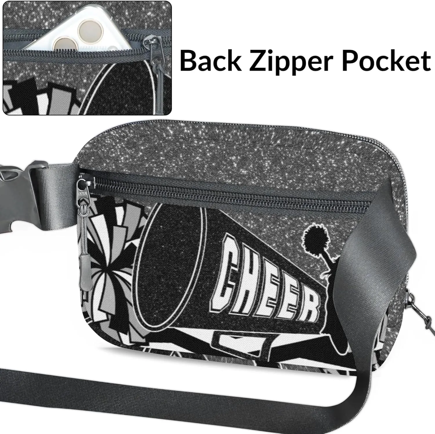 Custom Cheer Fanny Pack, Personalized Cheerleader Belt Bag for Women Men, Personalized Unisex Crossbody Travel Waist Bag Black Sliver