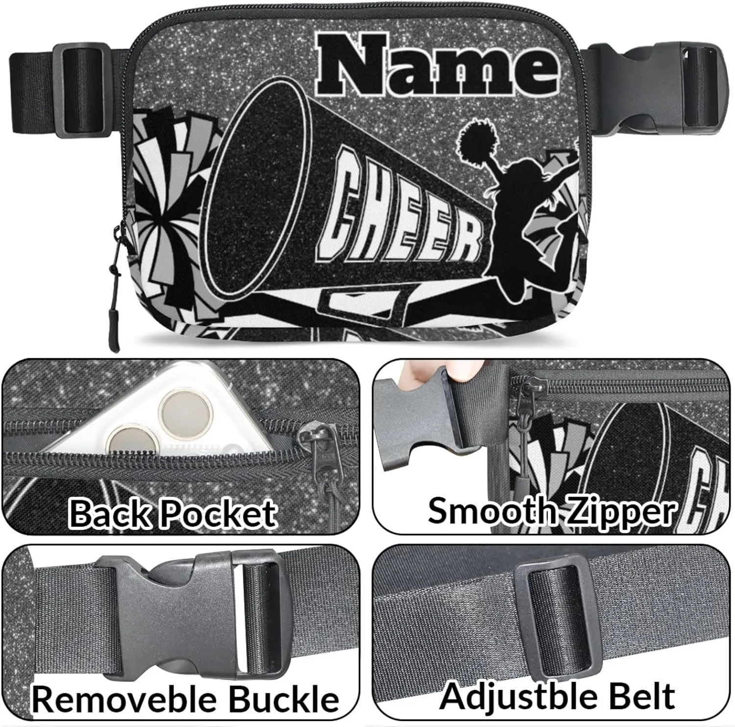 Custom Cheer Fanny Pack, Personalized Cheerleader Belt Bag for Women Men, Personalized Unisex Crossbody Travel Waist Bag Black Sliver