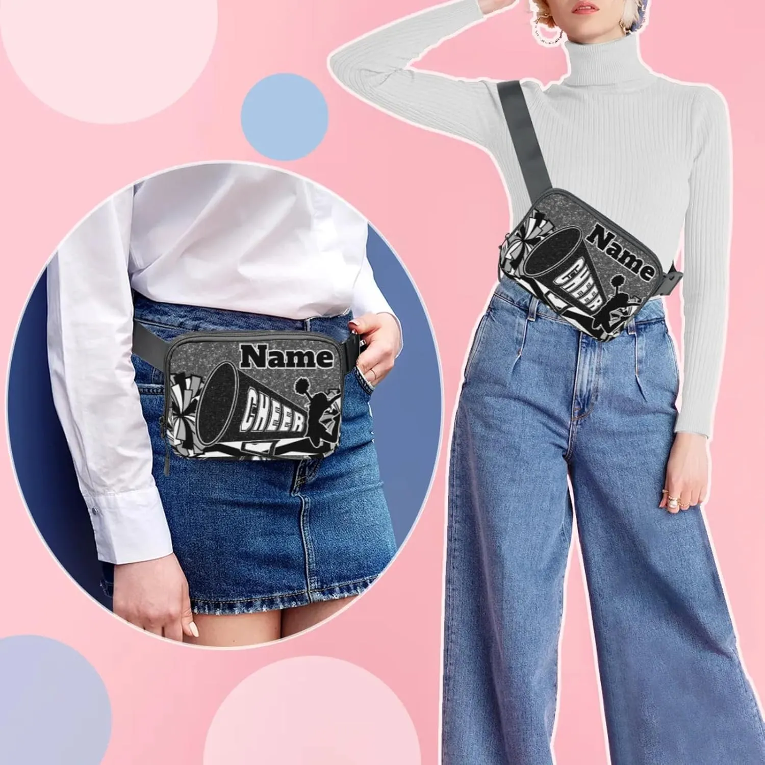Custom Cheer Fanny Pack, Personalized Cheerleader Belt Bag for Women Men, Personalized Unisex Crossbody Travel Waist Bag Black Sliver