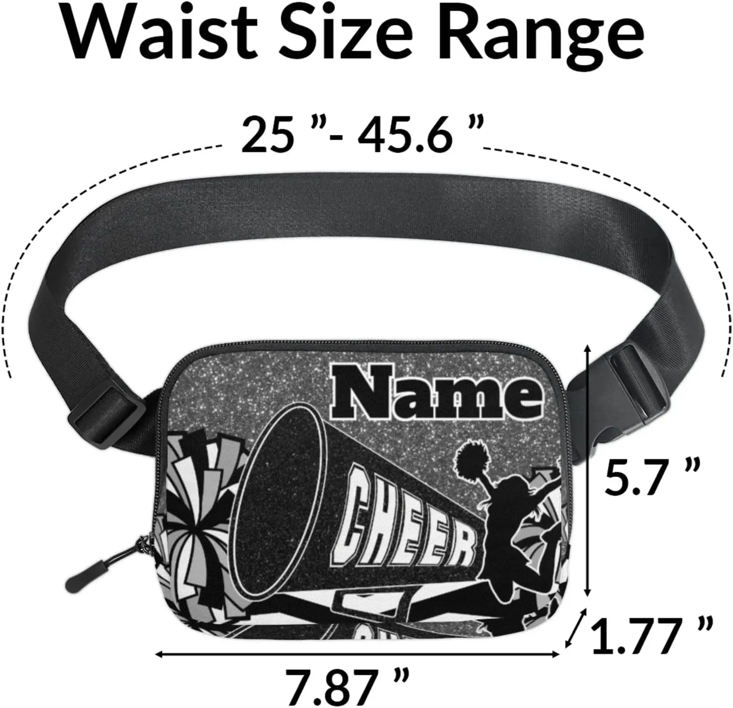 Custom Cheer Fanny Pack, Personalized Cheerleader Belt Bag for Women Men, Personalized Unisex Crossbody Travel Waist Bag Black Sliver