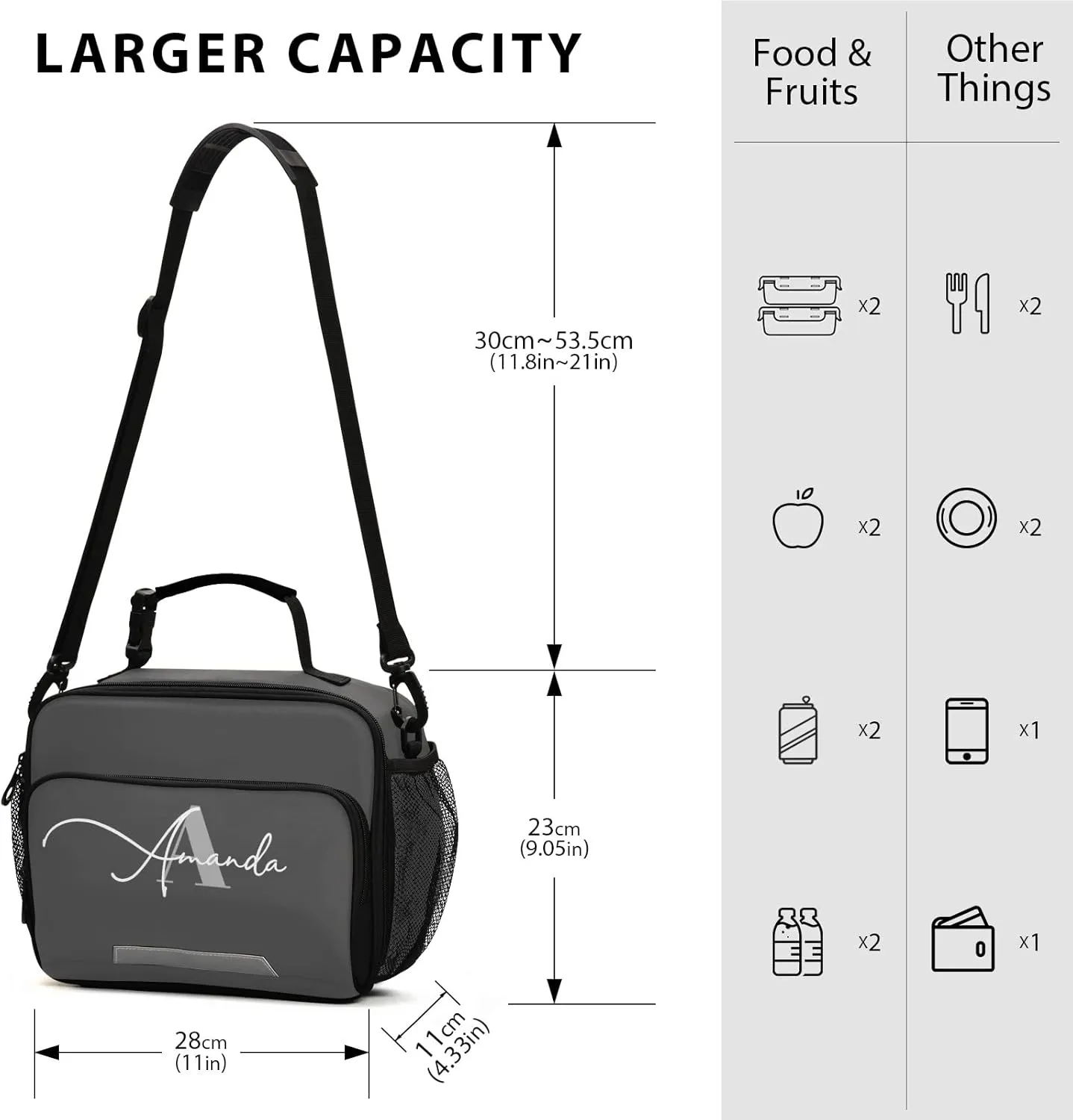 Custom Dark Grey Insulated Lunch Bag with Adjustable Shoulder Strap Lunch Box for Students Women Light Weight Tote Lunch bag for Work Picnic School