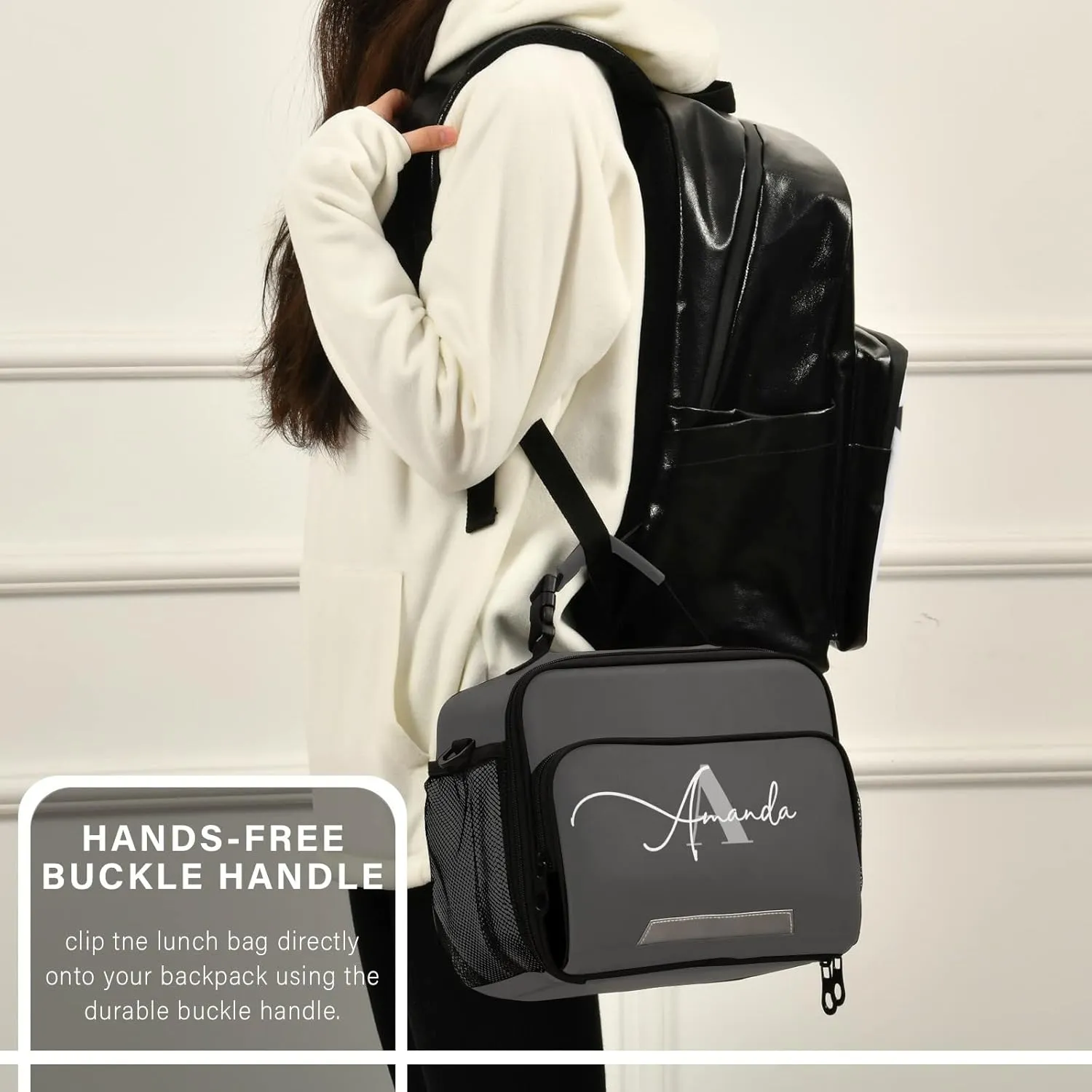 Custom Dark Grey Insulated Lunch Bag with Adjustable Shoulder Strap Lunch Box for Students Women Light Weight Tote Lunch bag for Work Picnic School