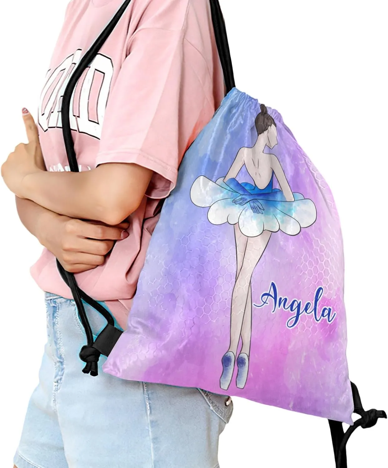 Custom Elegant Dancer Ballet Drawstring Bag with Name Personalized Cheerleading Travel Outdoor Drawstring Bag for Man Woman