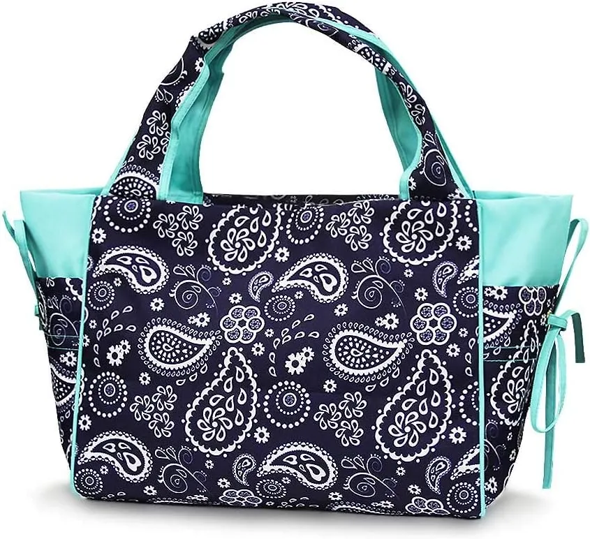 Custom Embroidered Fashion Print Ladies Casual Travel Tote (Navy White Paisley - No Embroidery)