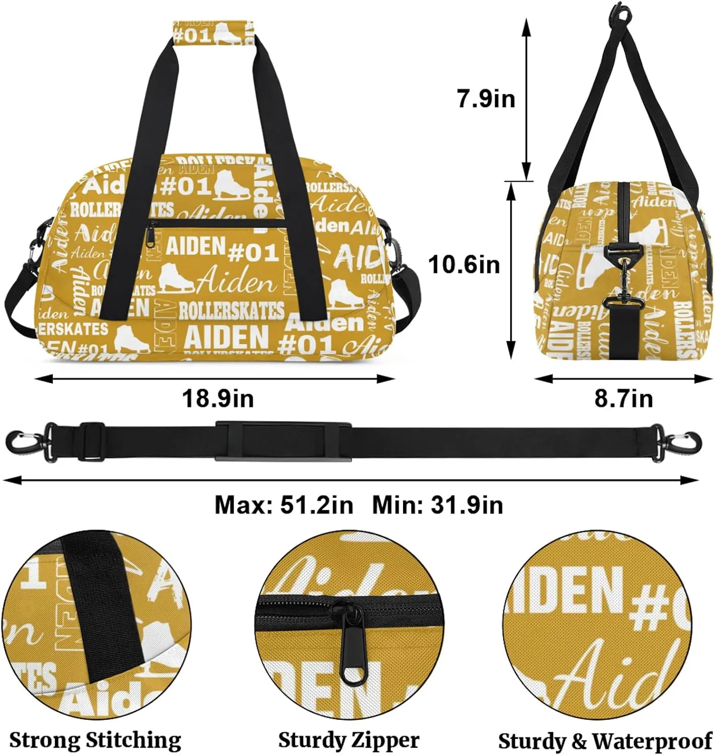 Custom Name Roller Skates Duffle Bags Personalized Number Sports Gym Bag Weekender Overnight Training Bag, Brown