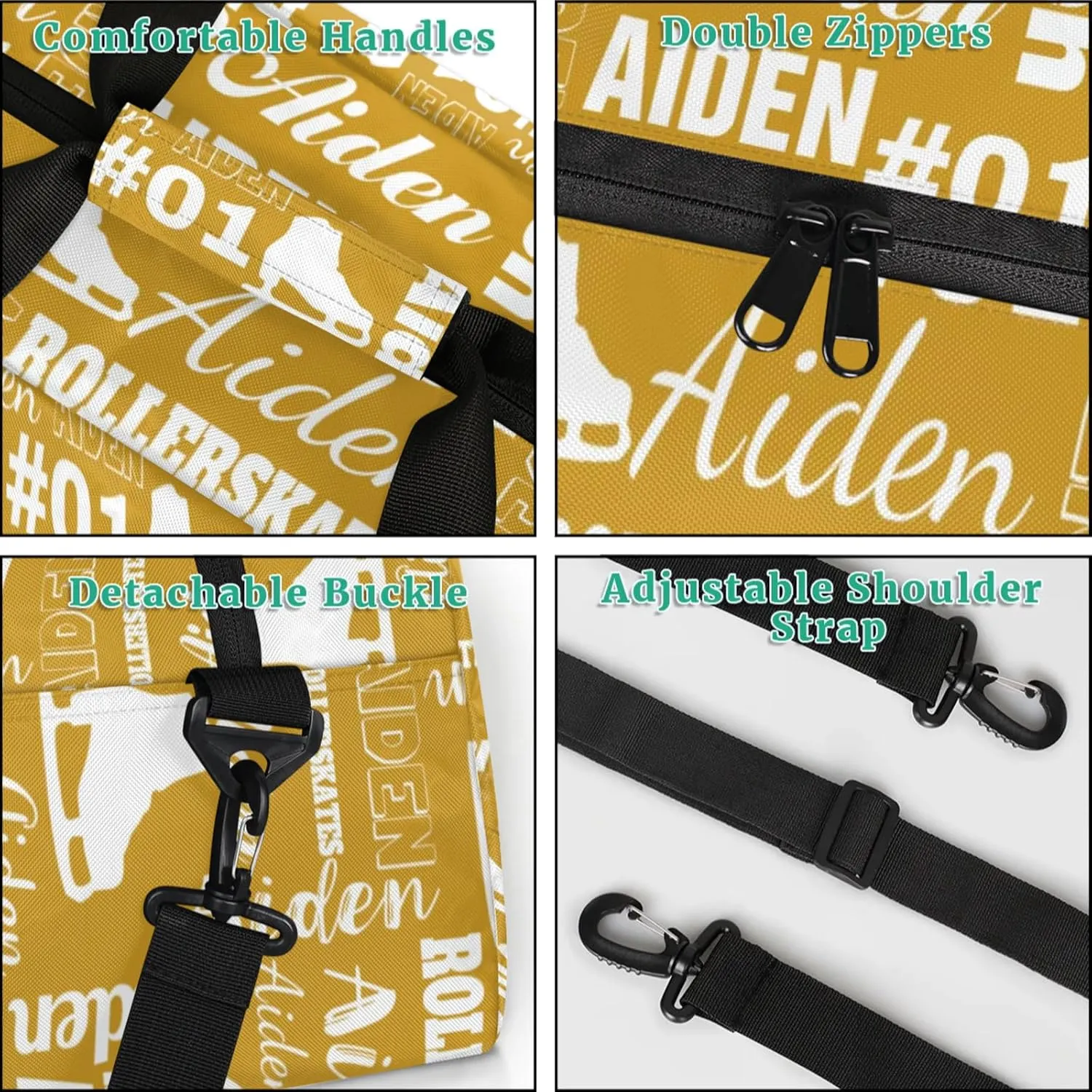 Custom Name Roller Skates Duffle Bags Personalized Number Sports Gym Bag Weekender Overnight Training Bag, Brown