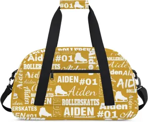 Custom Name Roller Skates Duffle Bags Personalized Number Sports Gym Bag Weekender Overnight Training Bag, Brown