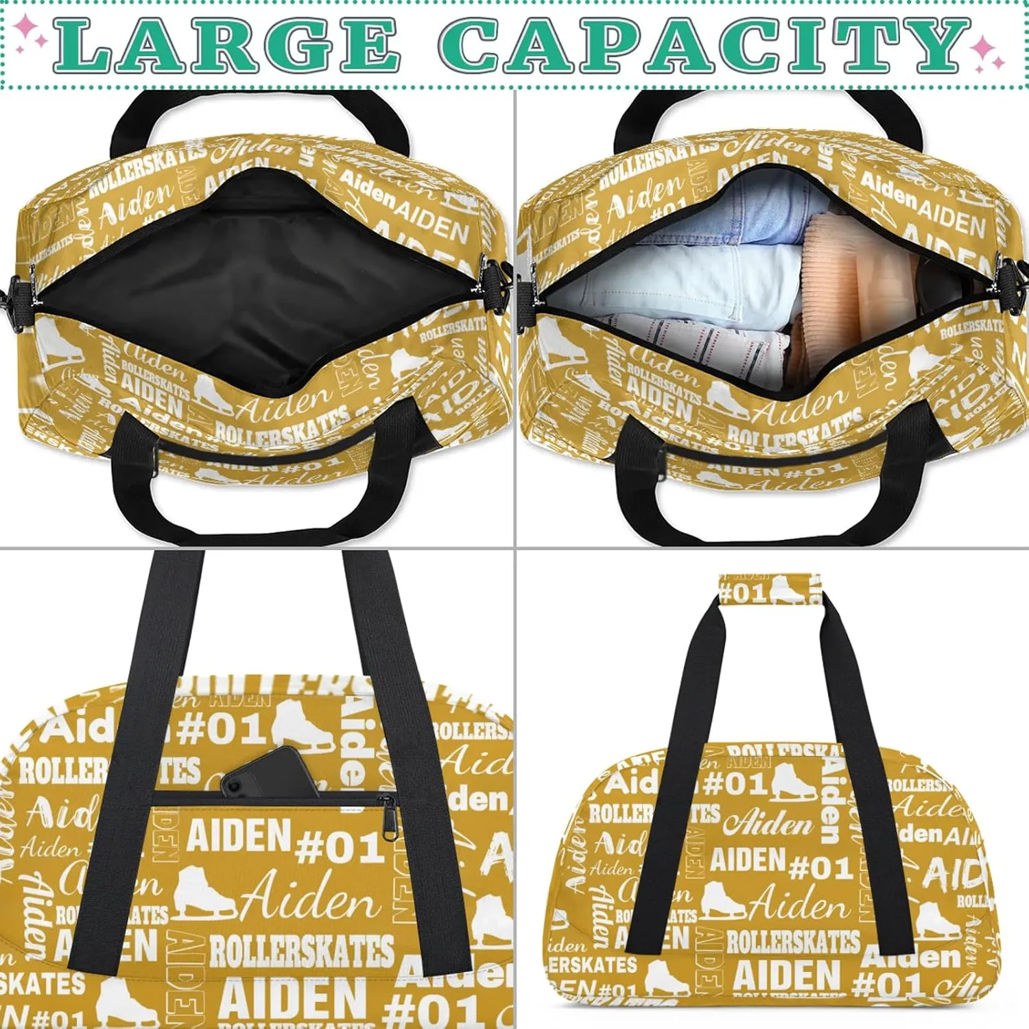 Custom Name Roller Skates Duffle Bags Personalized Number Sports Gym Bag Weekender Overnight Training Bag, Brown