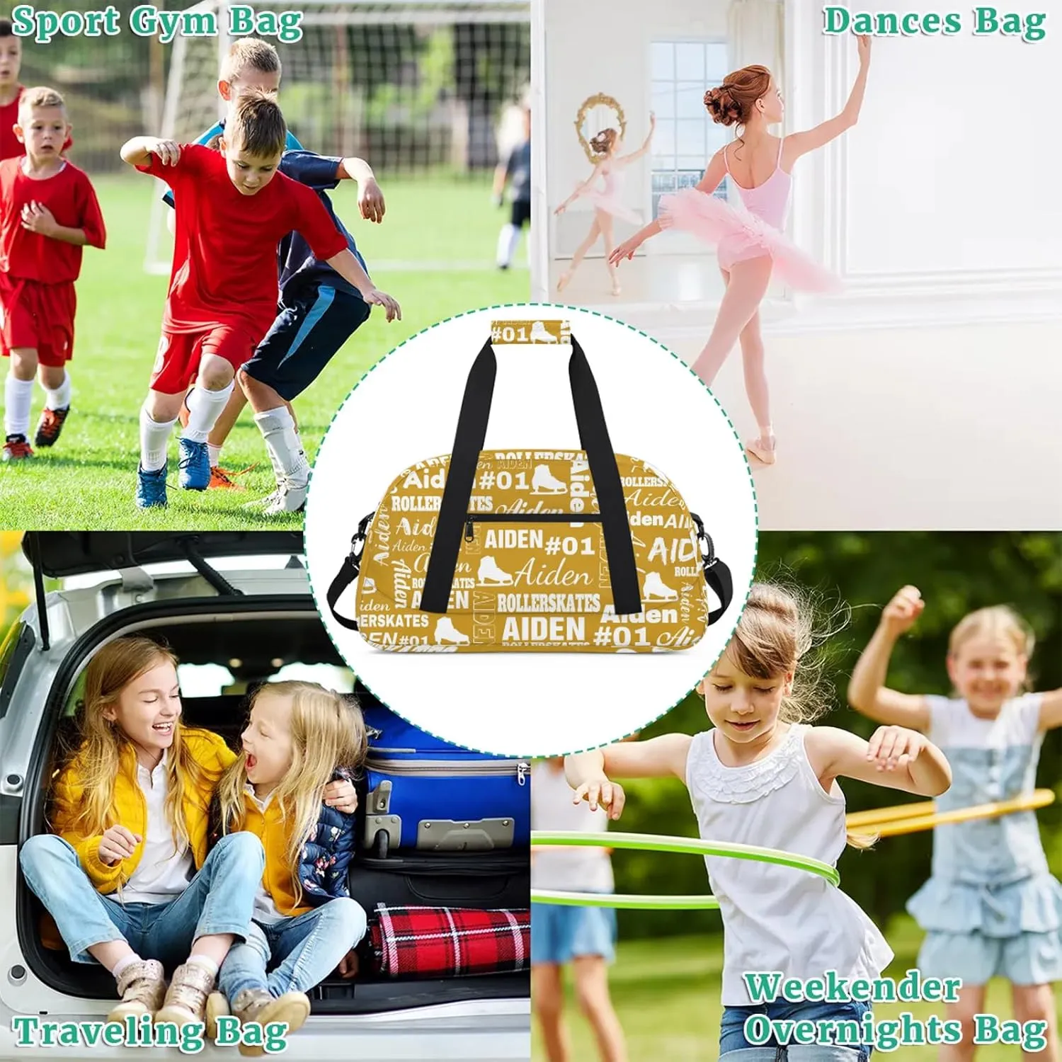 Custom Name Roller Skates Duffle Bags Personalized Number Sports Gym Bag Weekender Overnight Training Bag, Brown