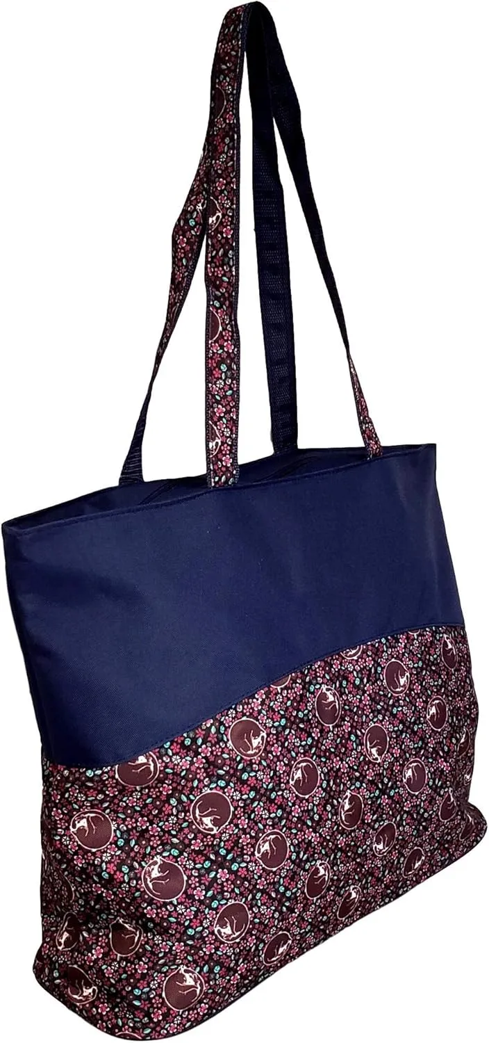 Custom Personalized Fashion Print Zipper Top Tote Bag (Navy Burgundy Cats - No Embroidery)