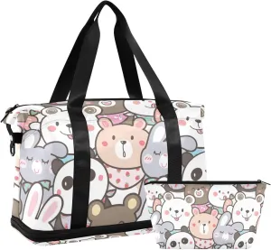 Cute Bear Versatile Sports Travel Bag - Lasting Twill Tote, Removable Wheel & Rod Bagging, Multi-pocket Design, Complimentary Makeup Bag