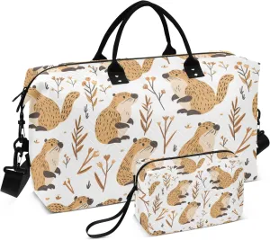 Cute Beavers with LeavesTravel Duffle Bag,Large Weekender Travel Bag for Women Men Waterproof Luggage Bag with Trolley Sleeve,Airplane Travel Essentials for Flying