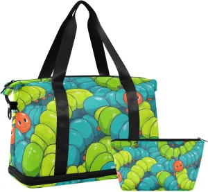 Cute Cartoon Animal Caterpillar Travel Duffel Bags Overnight Carry On Tote and Luggage with Adjustable Strap for Workout 2 Pcs Set