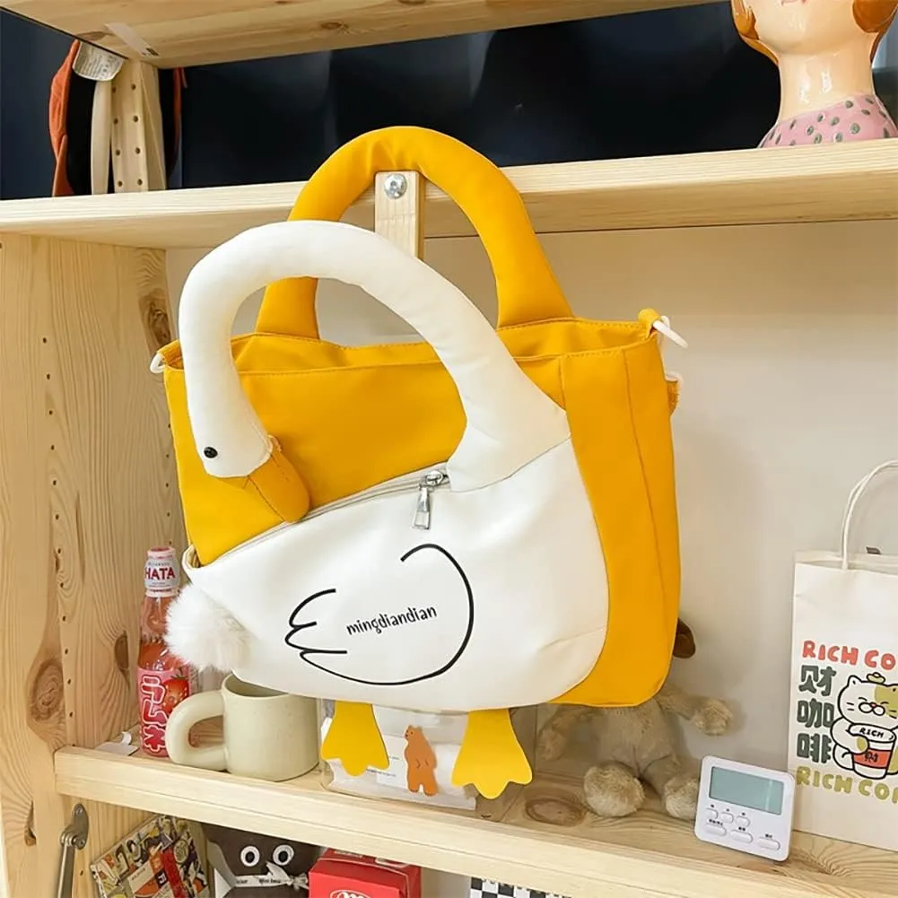 Cute Cartoon Goose Messenger Crossbody Bag For Women, Waterproof Large Capacity Shoulder Bag,Funny Doll Nylon Handbag Purses