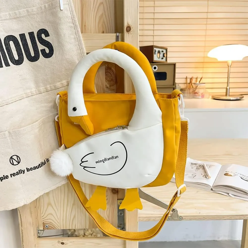 Cute Cartoon Goose Messenger Crossbody Bag For Women, Waterproof Large Capacity Shoulder Bag,Funny Doll Nylon Handbag Purses