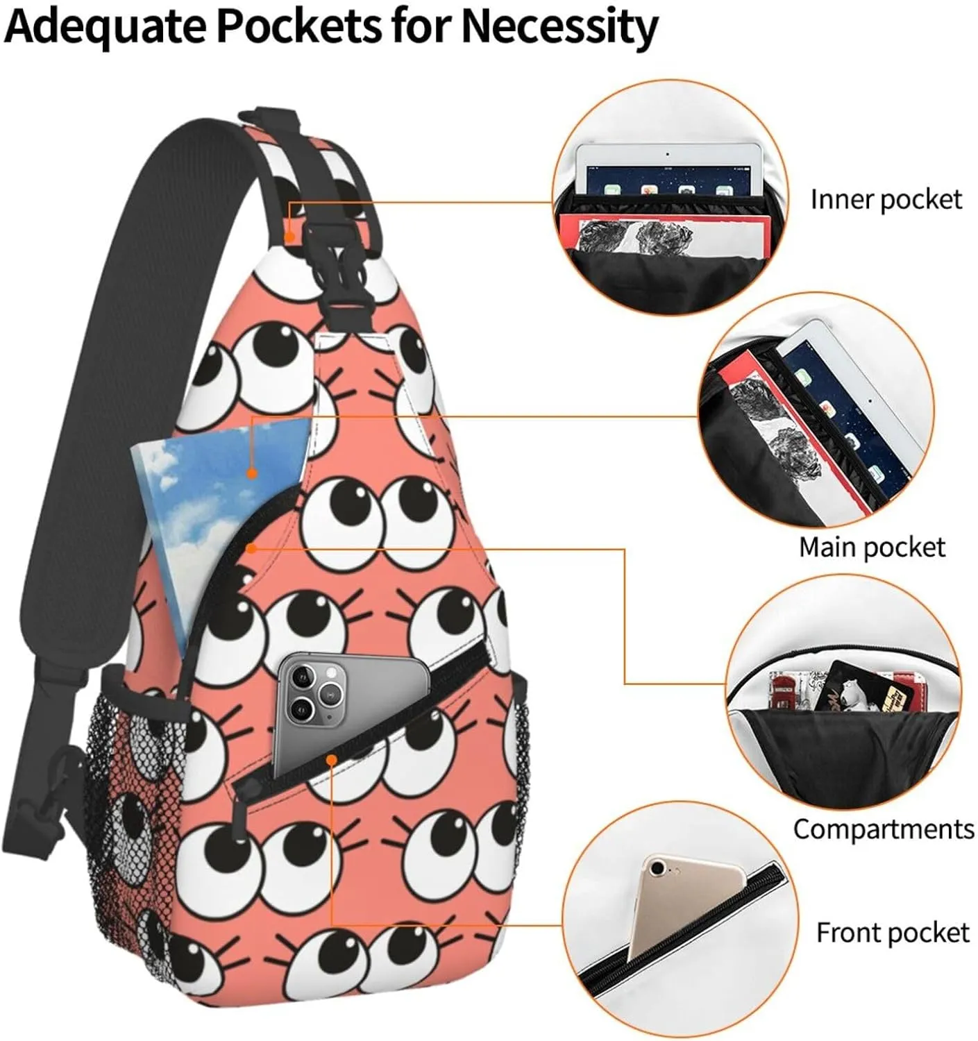 Cute Funny Cartoon Sketch Eyes Crossbody Bag Cross Chest Bag Adjustable Sling Backpack Sports Gym Shoulder Bags Travel Cycling Daypack Diagonally Casual Rucksack