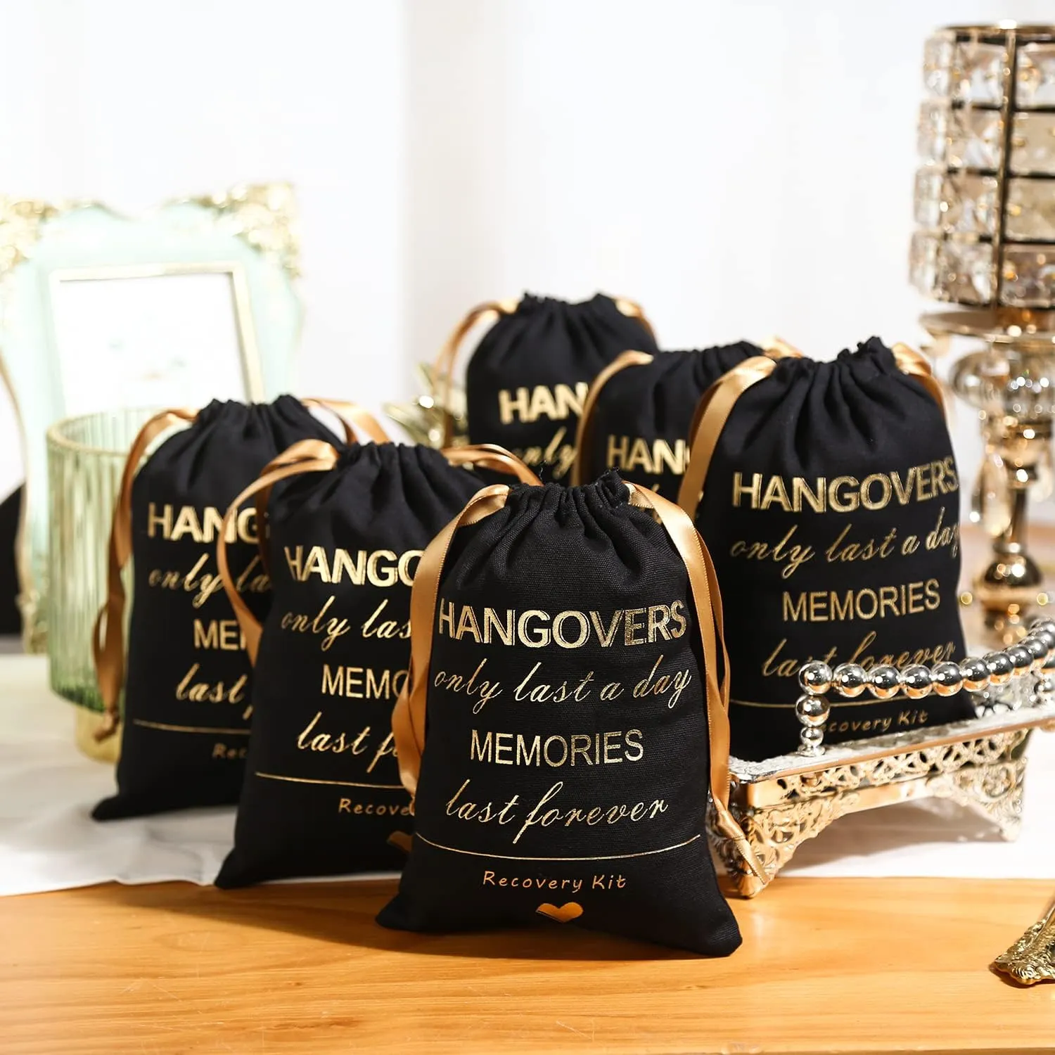 Cytdkve Gold Foil Hangover Kit Bag Bachelorette Party Favor Bag, Wedding Survival Kit Bags Bride Bridesmaid Gift Bags for Wedding Bridal Shower Party (10 Pieces, Black, 5 x 7 Inch)