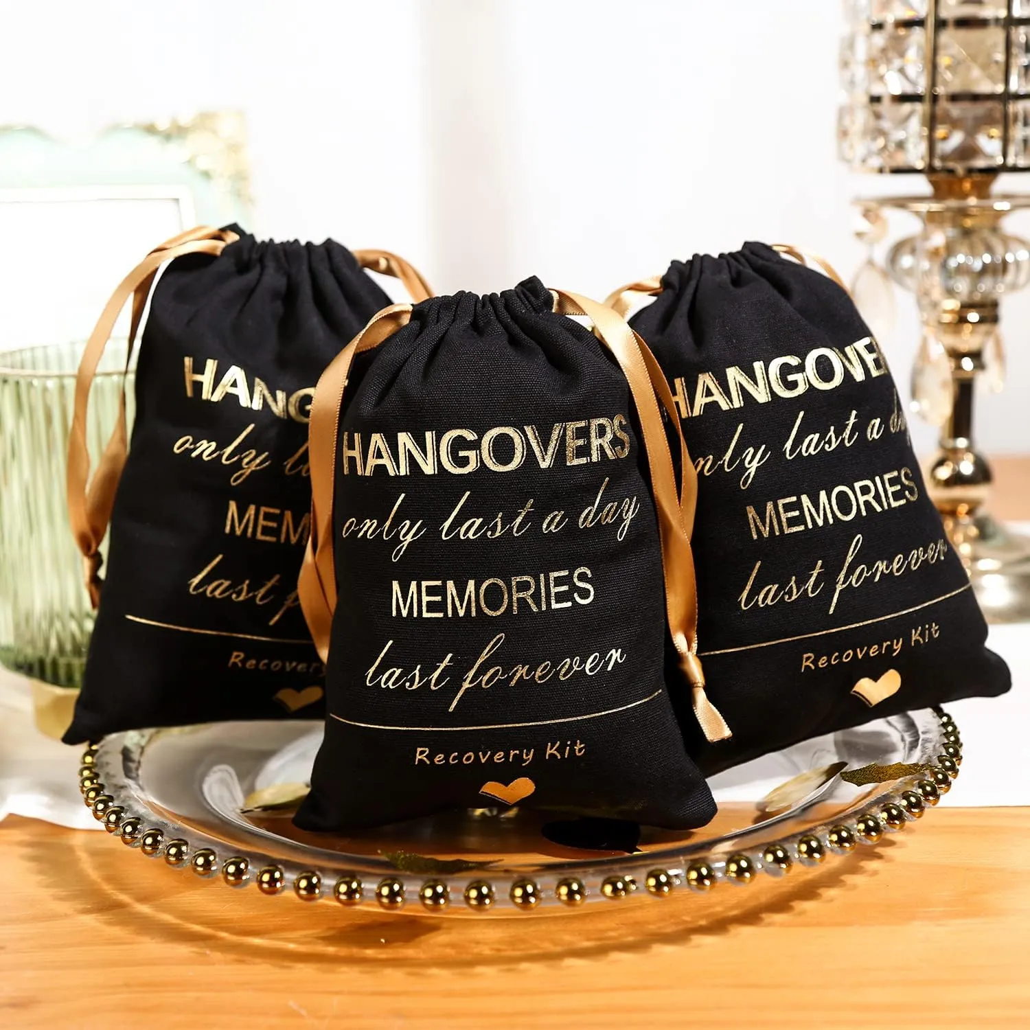 Cytdkve Gold Foil Hangover Kit Bag Bachelorette Party Favor Bag, Wedding Survival Kit Bags Bride Bridesmaid Gift Bags for Wedding Bridal Shower Party (10 Pieces, Black, 5 x 7 Inch)