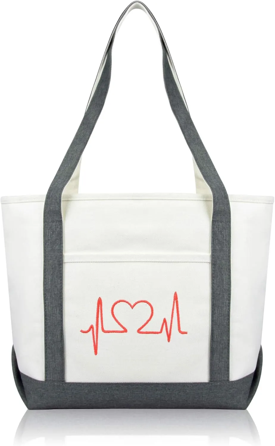 DALIX Heartbeat Embroidered Premium Cotton Canvas RN Nurse Tote Bag in Grey