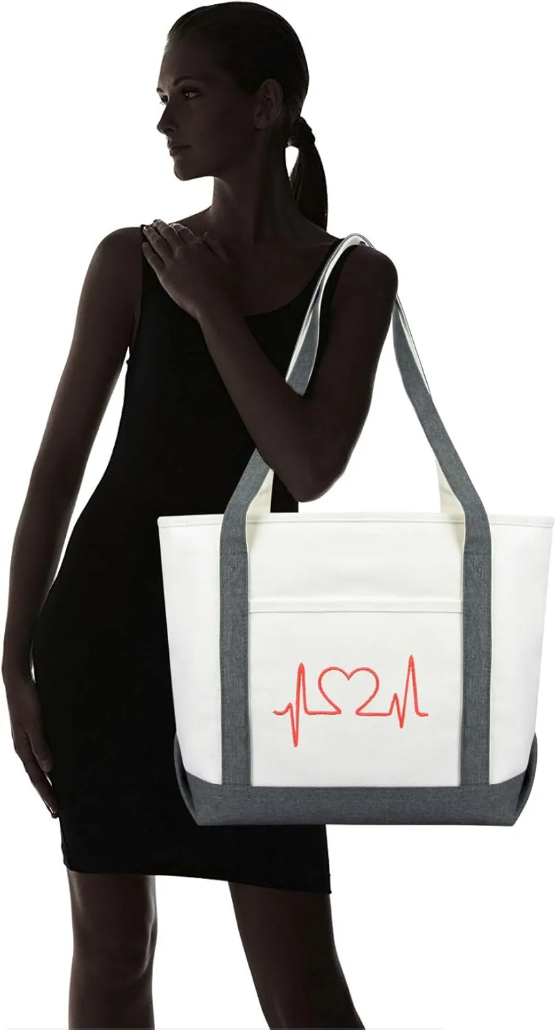 DALIX Heartbeat Embroidered Premium Cotton Canvas RN Nurse Tote Bag in Grey