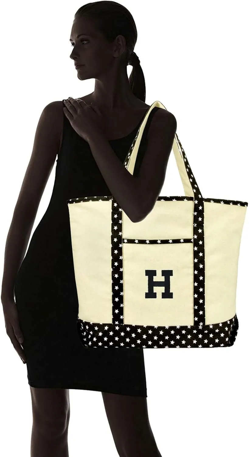 DALIX Initial Tote Bag Personalized Monogram Black Star Zippered Top Letter - H