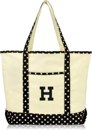 DALIX Initial Tote Bag Personalized Monogram Black Star Zippered Top Letter - H