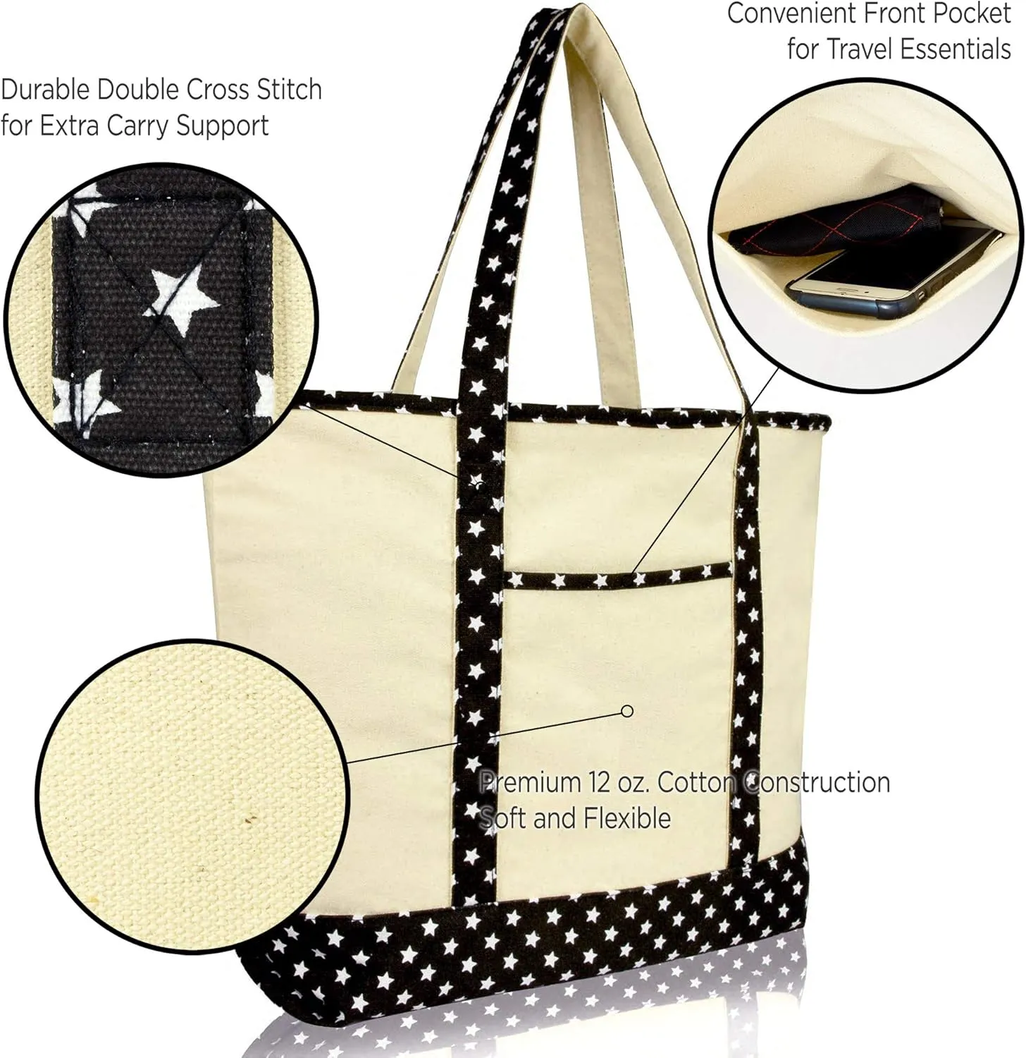 DALIX Initial Tote Bag Personalized Monogram Black Star Zippered Top Letter - H