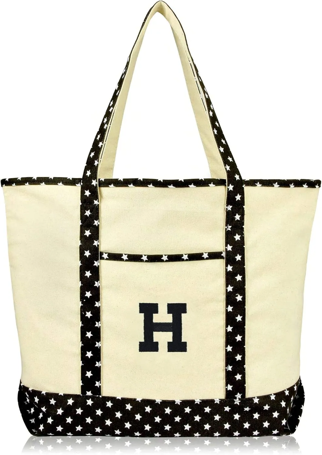 DALIX Initial Tote Bag Personalized Monogram Black Star Zippered Top Letter - H