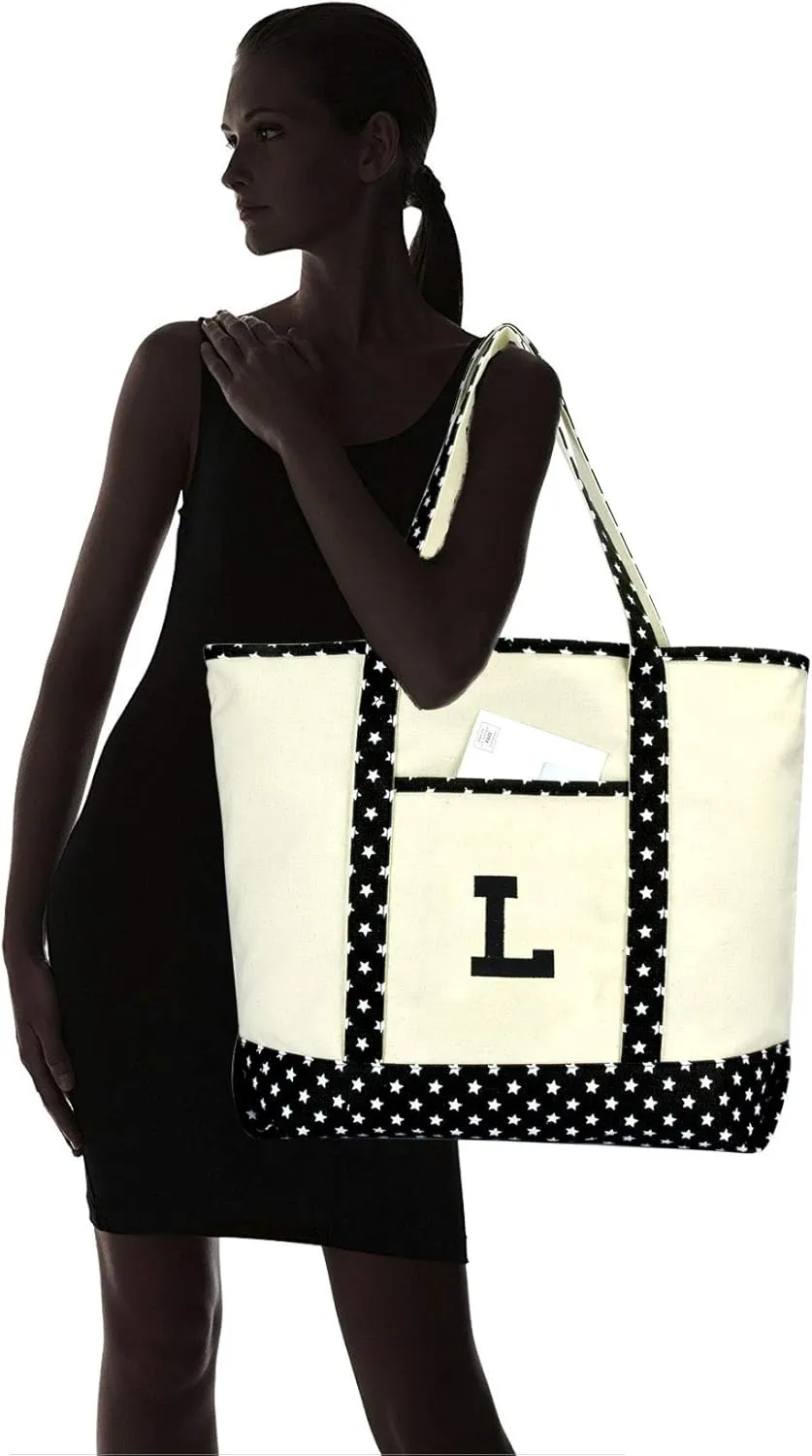 DALIX Initial Tote Bag Personalized Monogram Black Star Zippered Top Letter - L