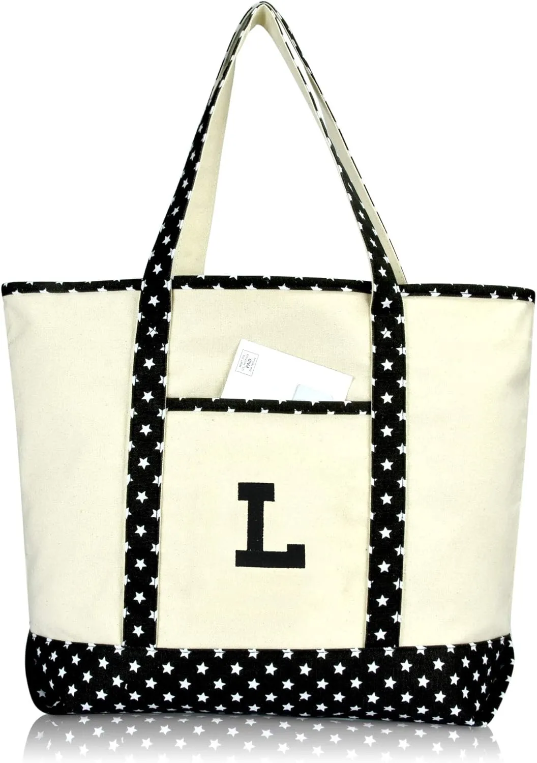 DALIX Initial Tote Bag Personalized Monogram Black Star Zippered Top Letter - L