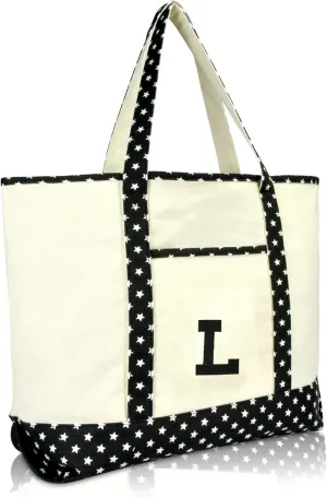 DALIX Initial Tote Bag Personalized Monogram Black Star Zippered Top Letter - L